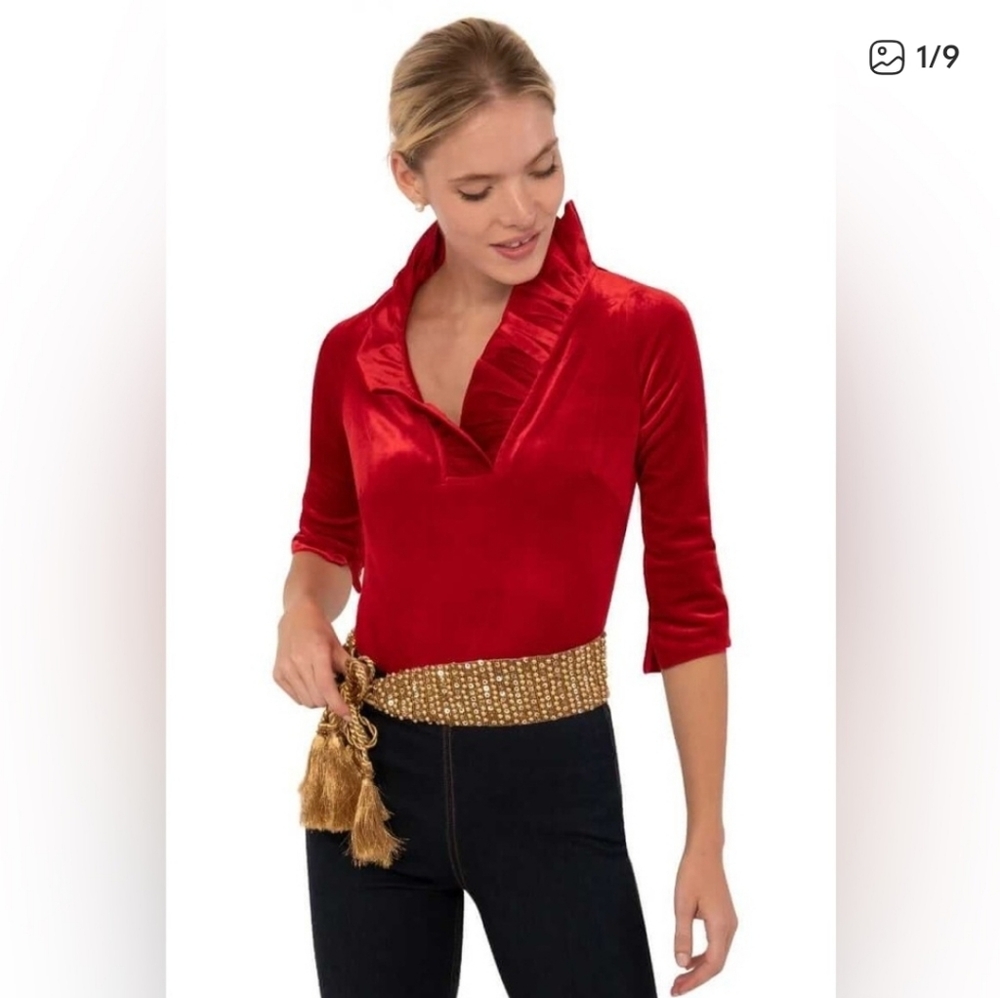 Gretchen Scott Red Crimson Ruffle Neck 3/4 Sleeves Top - Silky Velvet Size XL - Picture 5 of 7